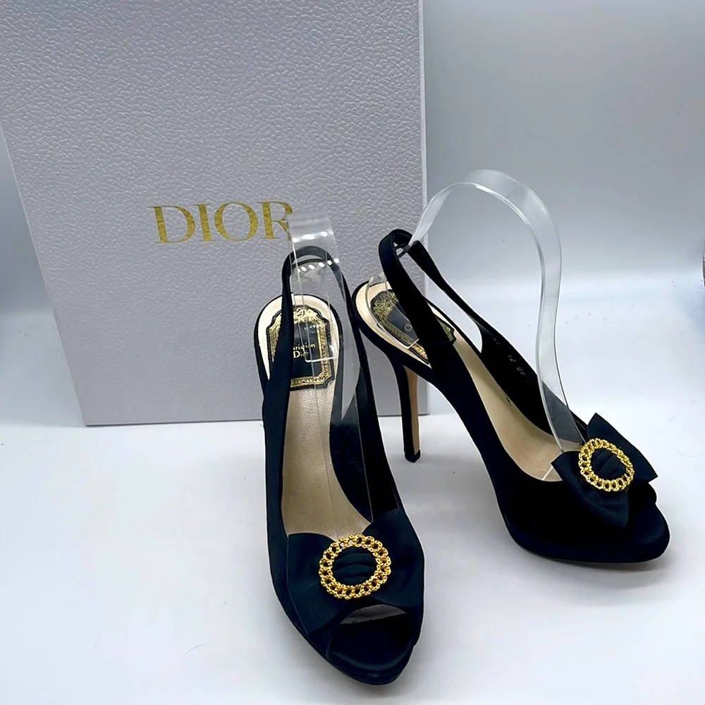Dior Black Slingback Peep-Toe Heels with Gold Chain Accent